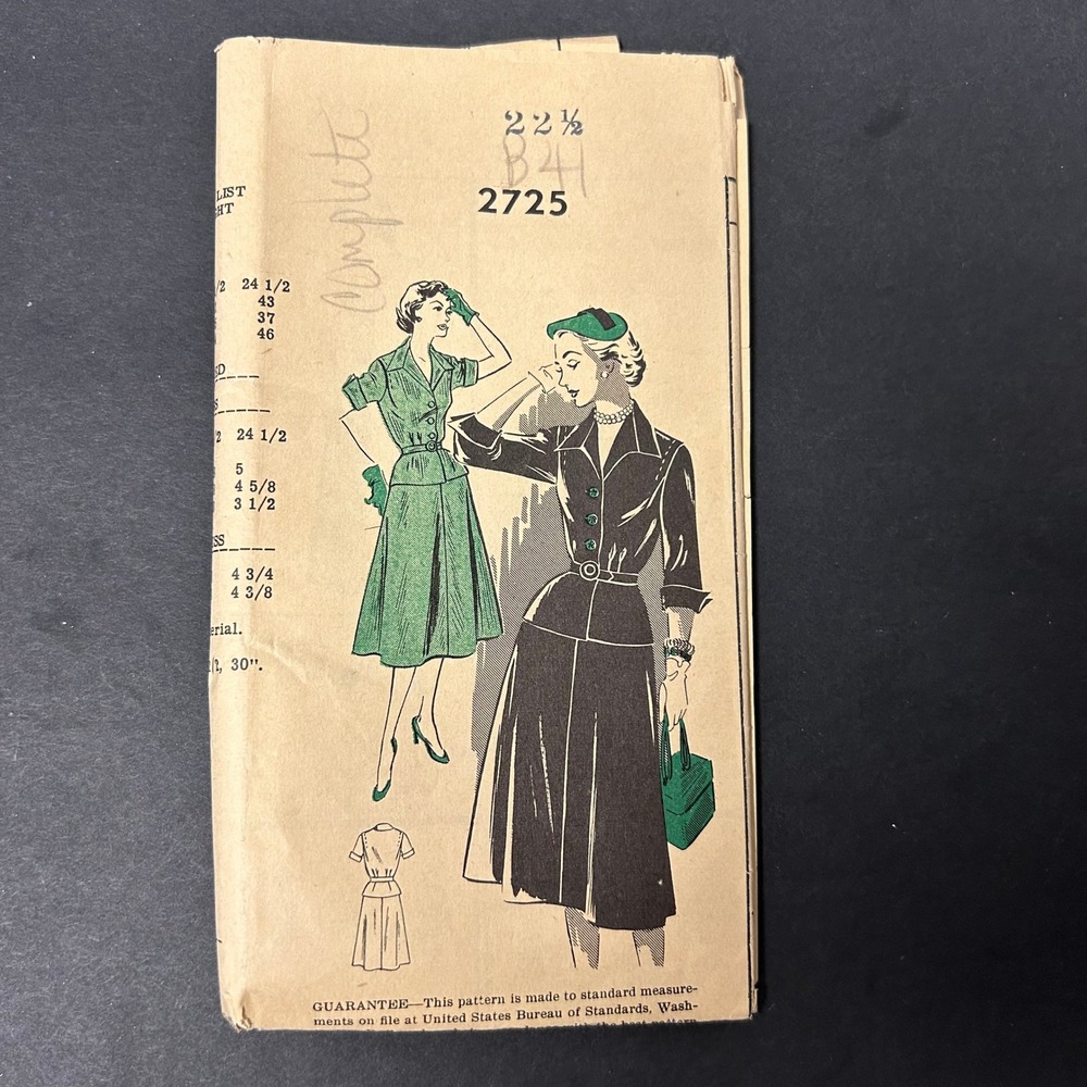 Vintage 1950s Mail Order Pattern 2725 Peplum Suit Dress Size 22.5 Bust 41 Retro